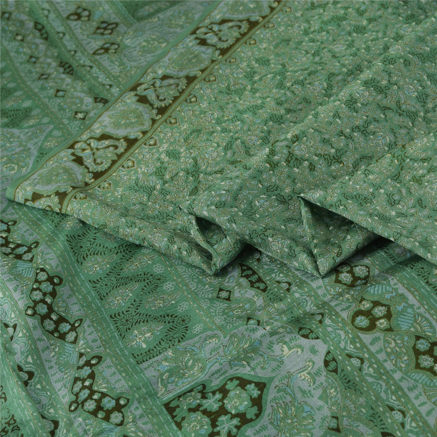 Sanskriti Vintage Sarees Green Indian Pure Silk Printed Sari 5+yd Craft Fabric