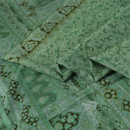 Sanskriti Vintage Sarees Green Indian Pure Silk Printed Sari 5+yd Craft Fabric