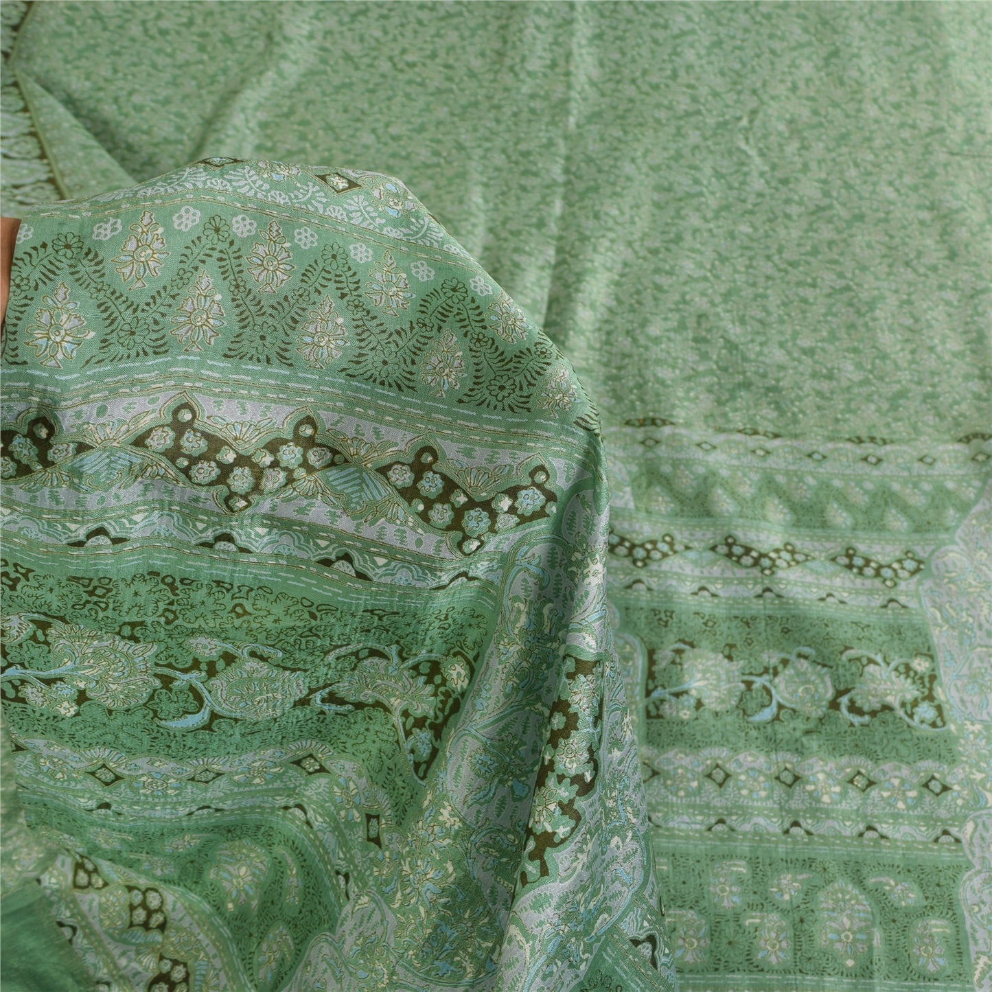 Sanskriti Vintage Sarees Green Indian Pure Silk Printed Sari 5+yd Craft Fabric