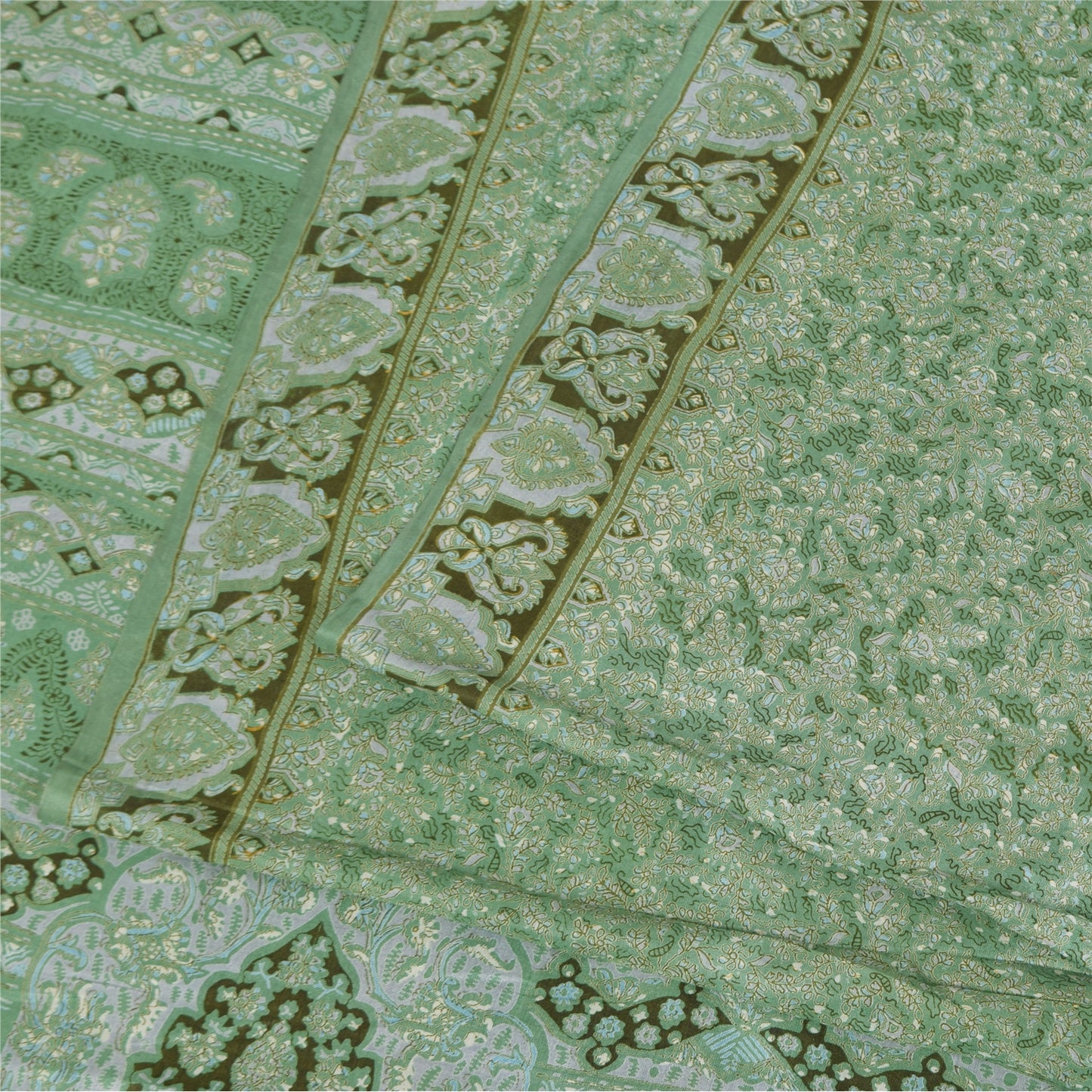 Sanskriti Vintage Sarees Green Indian Pure Silk Printed Sari 5+yd Craft Fabric
