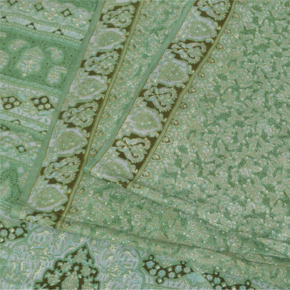 Sanskriti Vintage Sarees Green Indian Pure Silk Printed Sari 5+yd Craft Fabric