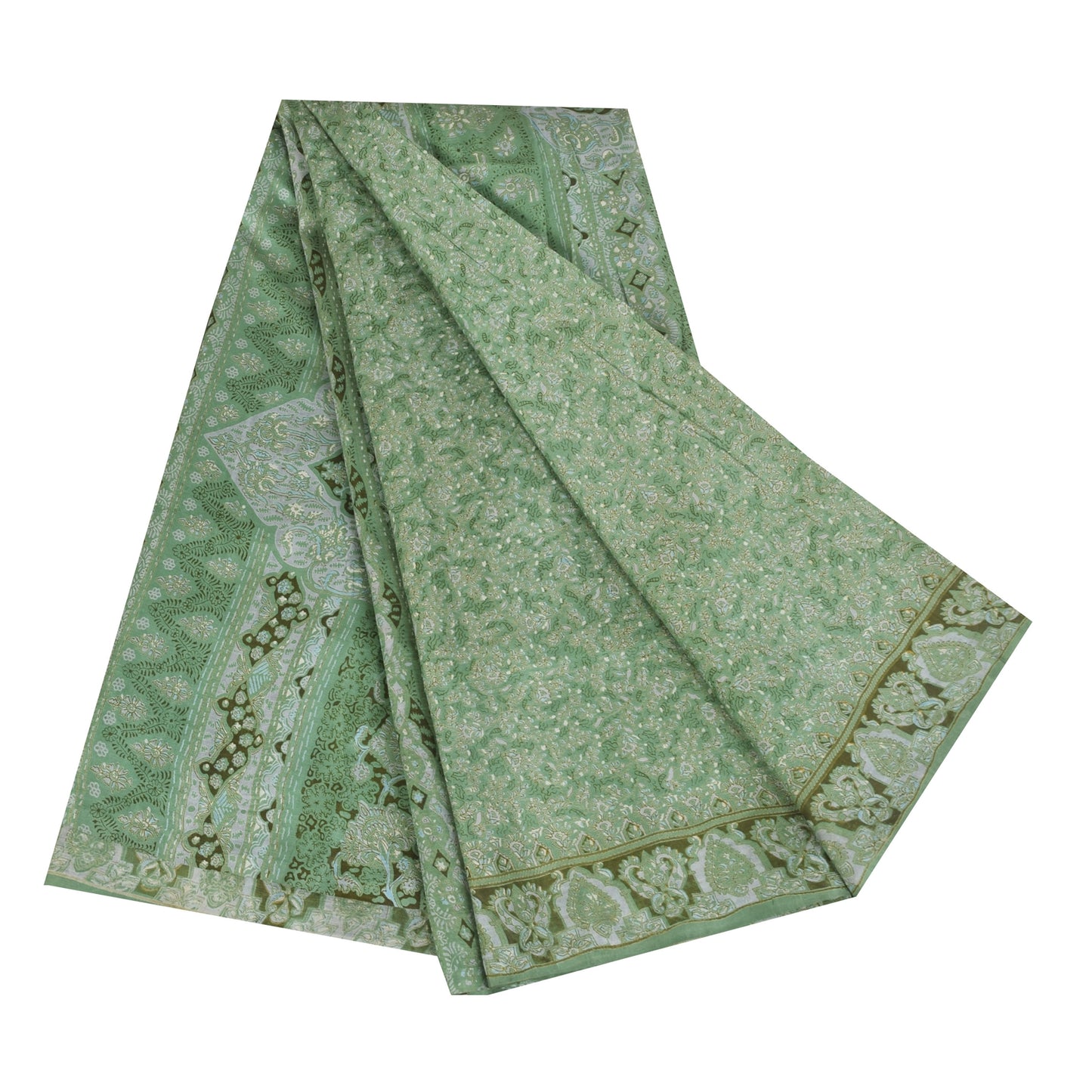 Sanskriti Vintage Sarees Green Indian Pure Silk Printed Sari 5+yd Craft Fabric