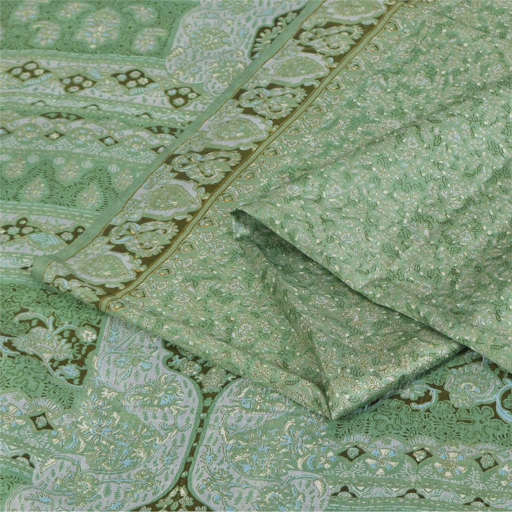Sanskriti Vintage Sarees Green Indian Pure Silk Printed Sari 5+yd Craft Fabric