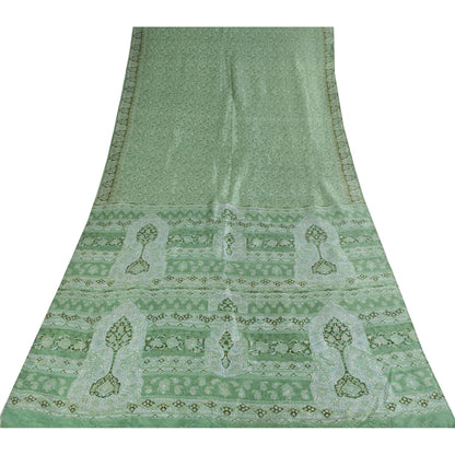 Sanskriti Vintage Sarees Green Indian Pure Silk Printed Sari 5+yd Craft Fabric