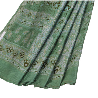 Sanskriti Vintage Sarees Green Indian Pure Silk Printed Sari 5+yd Craft Fabric