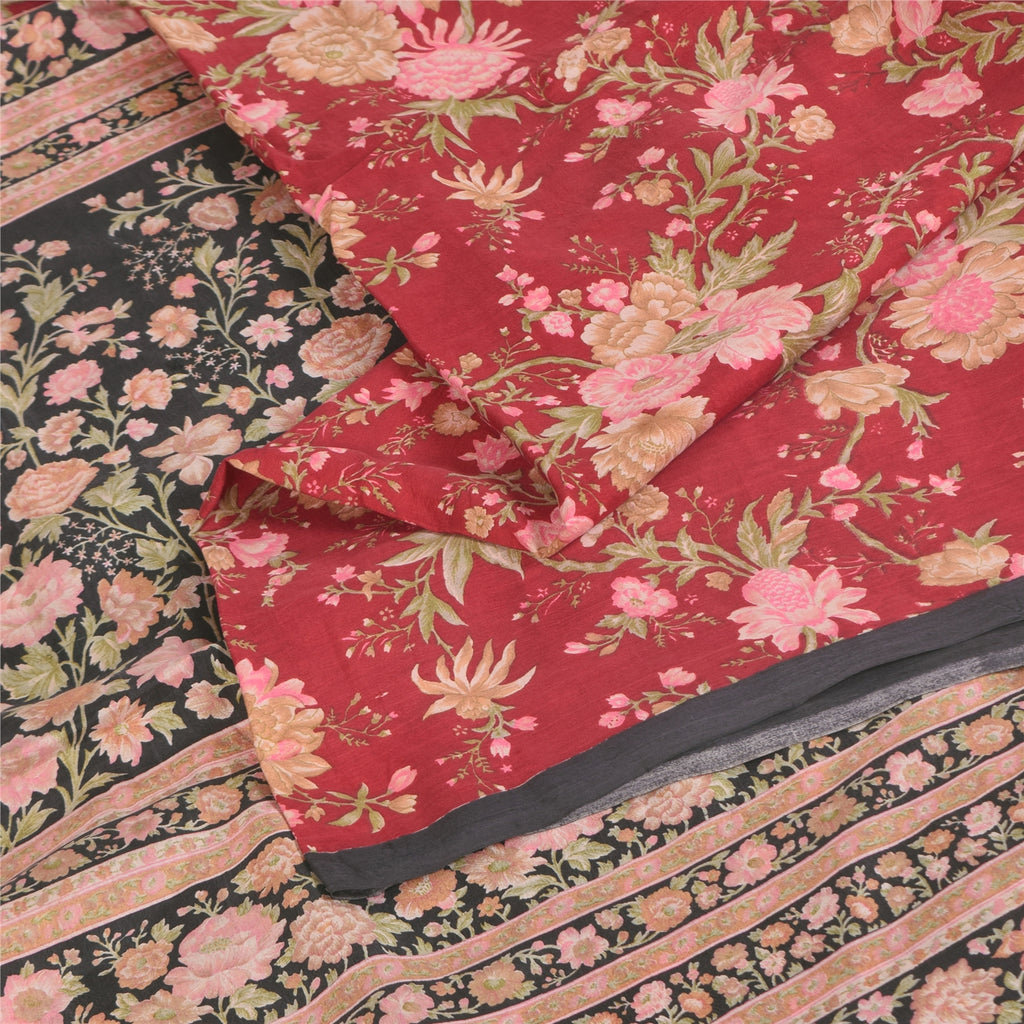 Sanskriti Vintage Sarees From India Red Pure Silk Printed Sari 6yd Craft Fabric