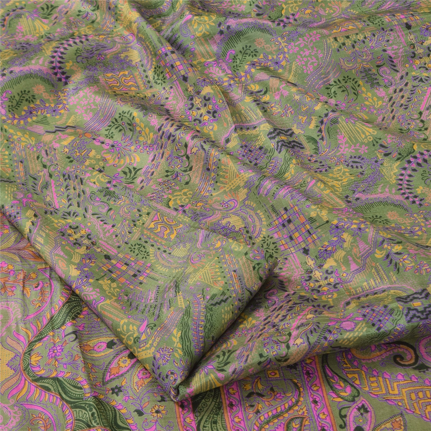 Sanskriti Vintage Sarees Green 100% Pure Silk Printed Sari 5+yd Craft Fabric