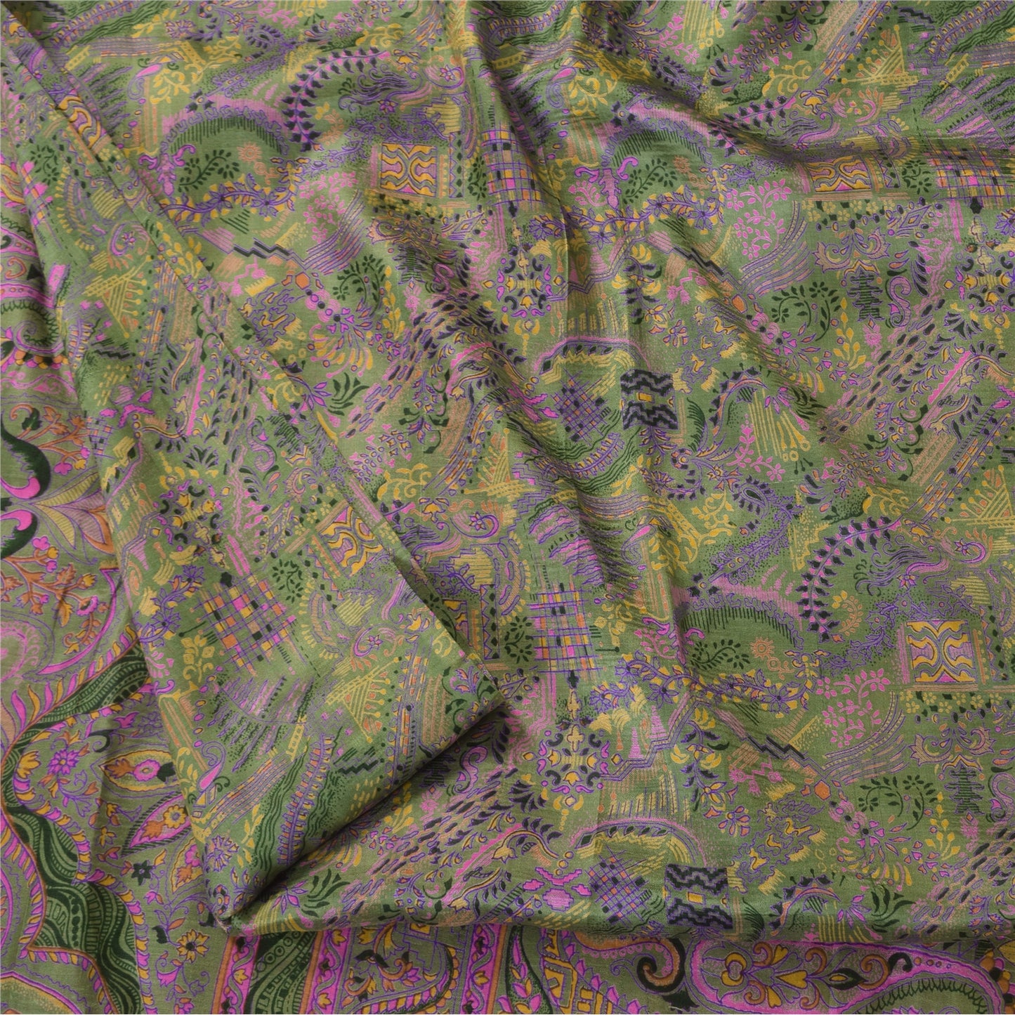Sanskriti Vintage Sarees Green 100% Pure Silk Printed Sari 5+yd Craft Fabric