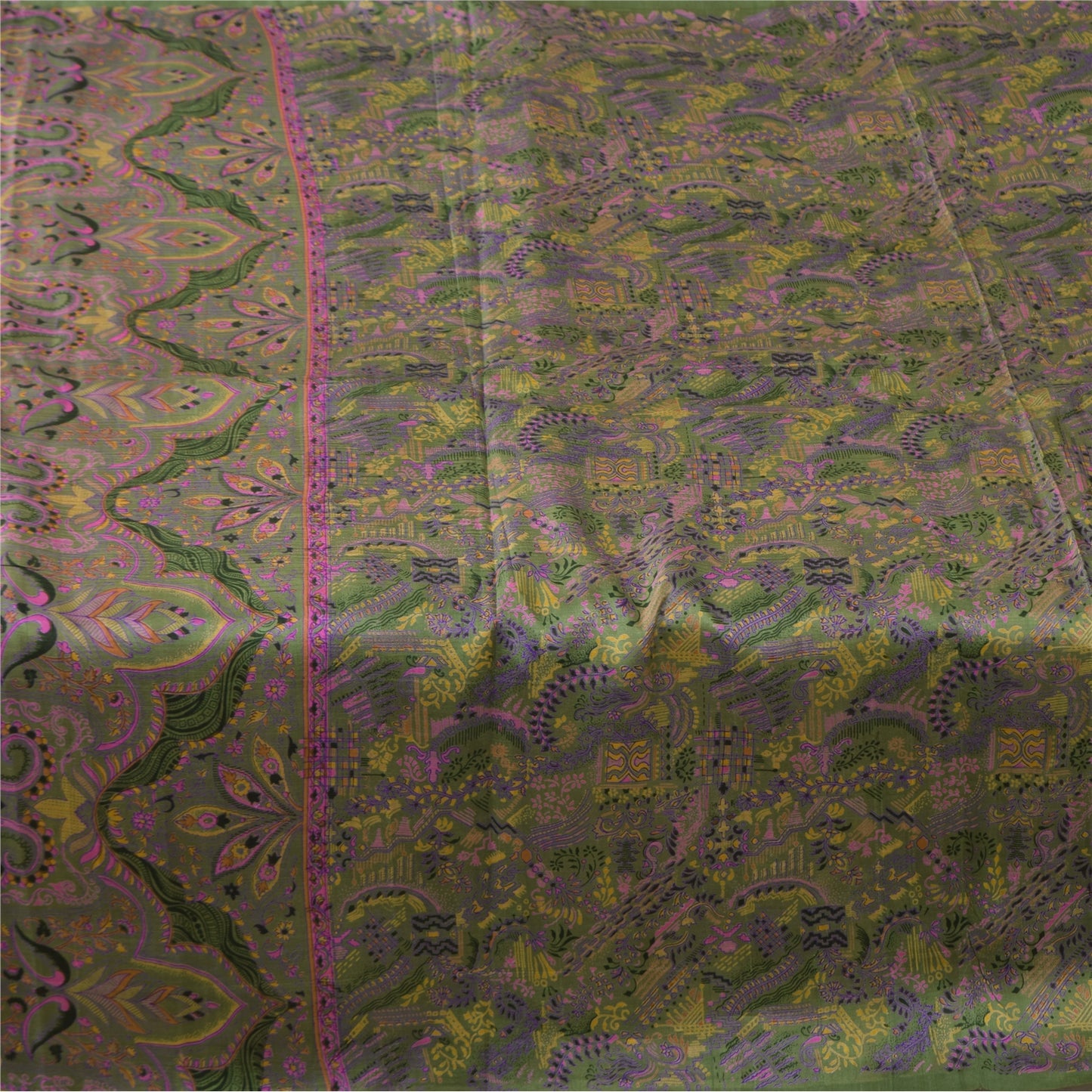 Sanskriti Vintage Sarees Green 100% Pure Silk Printed Sari 5+yd Craft Fabric