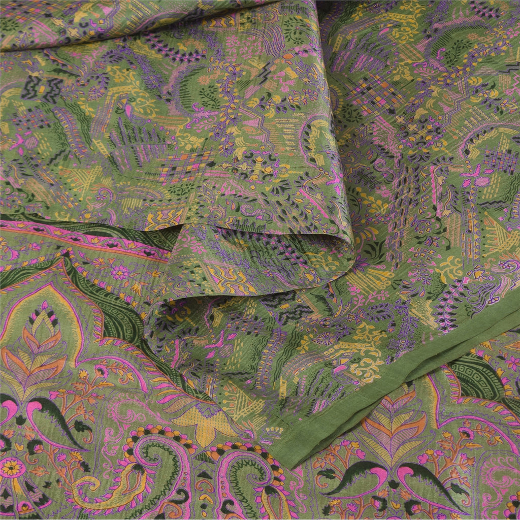 Sanskriti Vintage Sarees Green 100% Pure Silk Printed Sari 5+yd Craft Fabric