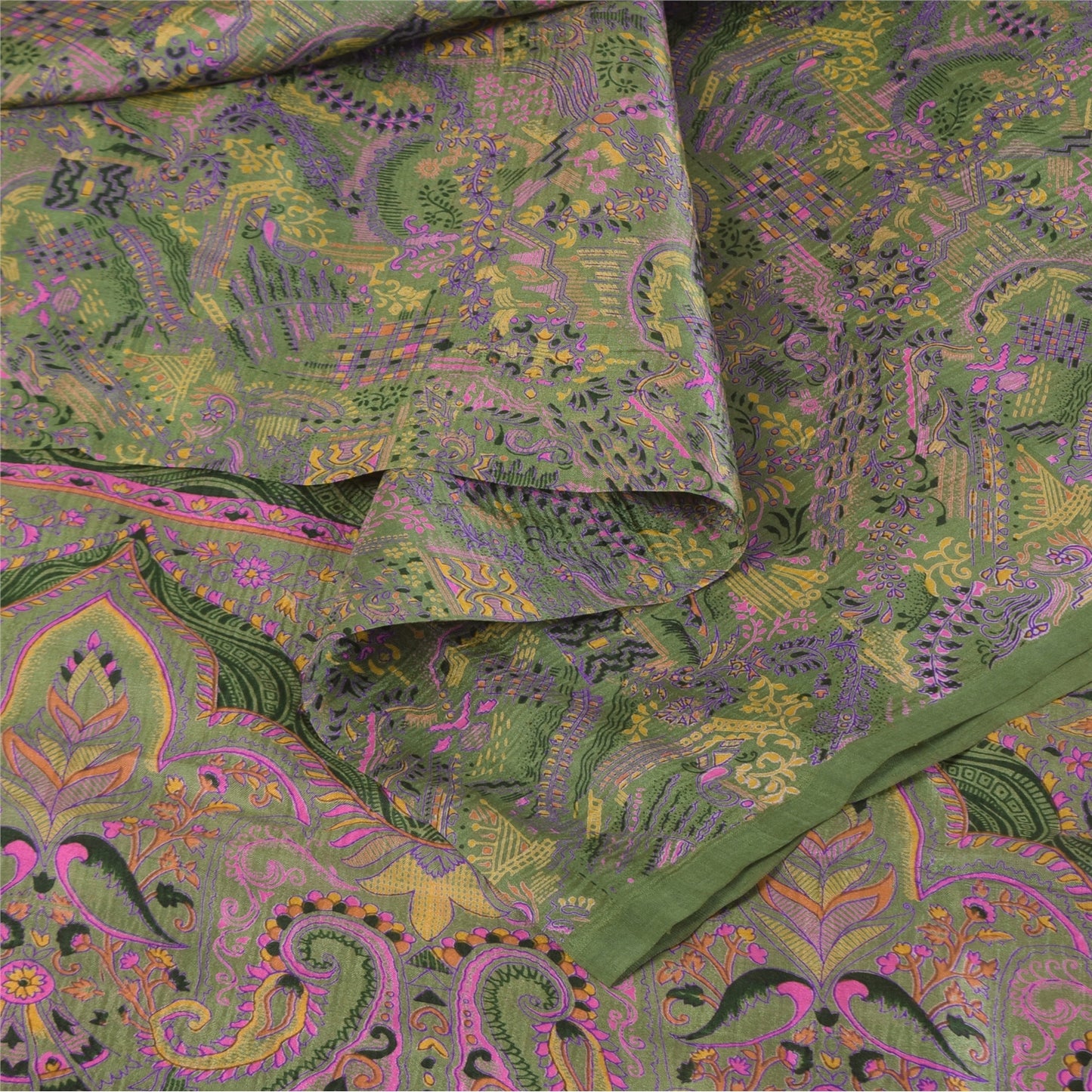 Sanskriti Vintage Sarees Green 100% Pure Silk Printed Sari 5+yd Craft Fabric