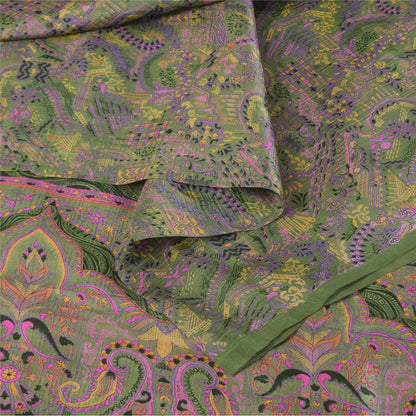 Sanskriti Vintage Sarees Green 100% Pure Silk Printed Sari 5+yd Craft Fabric