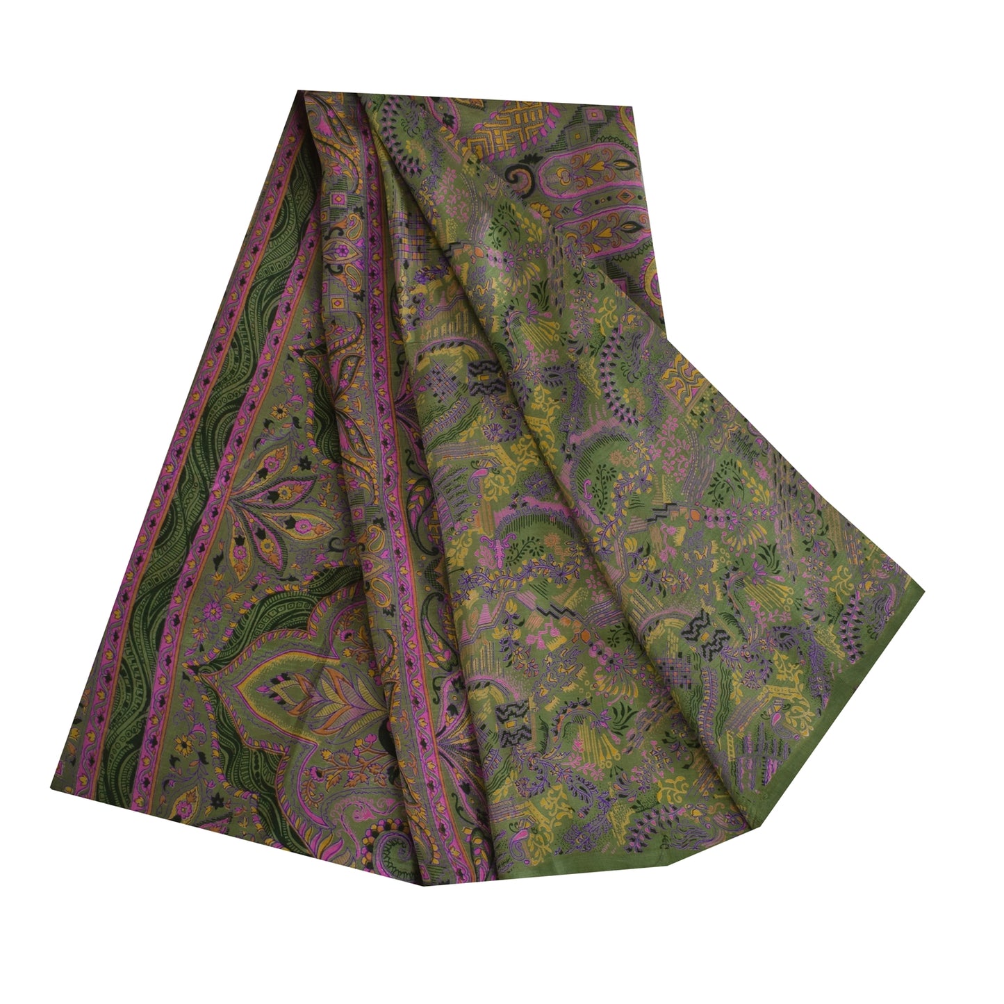 Sanskriti Vintage Sarees Green 100% Pure Silk Printed Sari 5+yd Craft Fabric