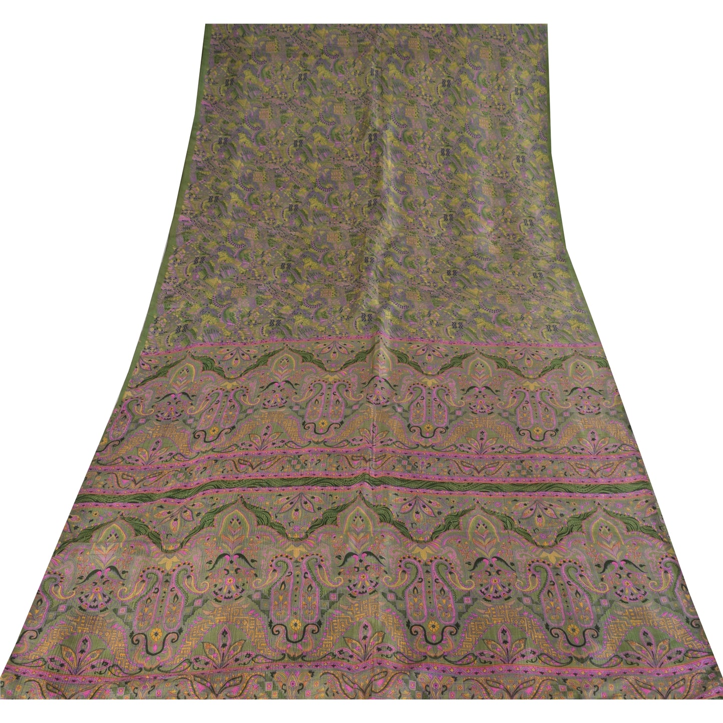 Sanskriti Vintage Sarees Green 100% Pure Silk Printed Sari 5+yd Craft Fabric