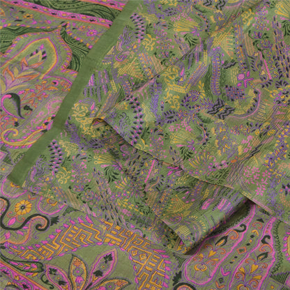 Sanskriti Vintage Sarees Green 100% Pure Silk Printed Sari 5+yd Craft Fabric