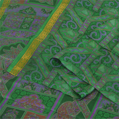 Sanskriti Vintage Sarees Green Zari Border Pure Silk Printed Sari 6+yd Fabric