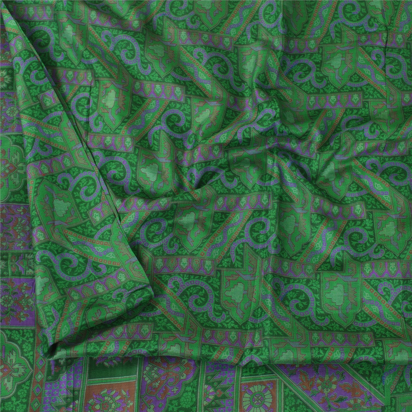 Sanskriti Vintage Sarees Green Zari Border Pure Silk Printed Sari 6+yd Fabric