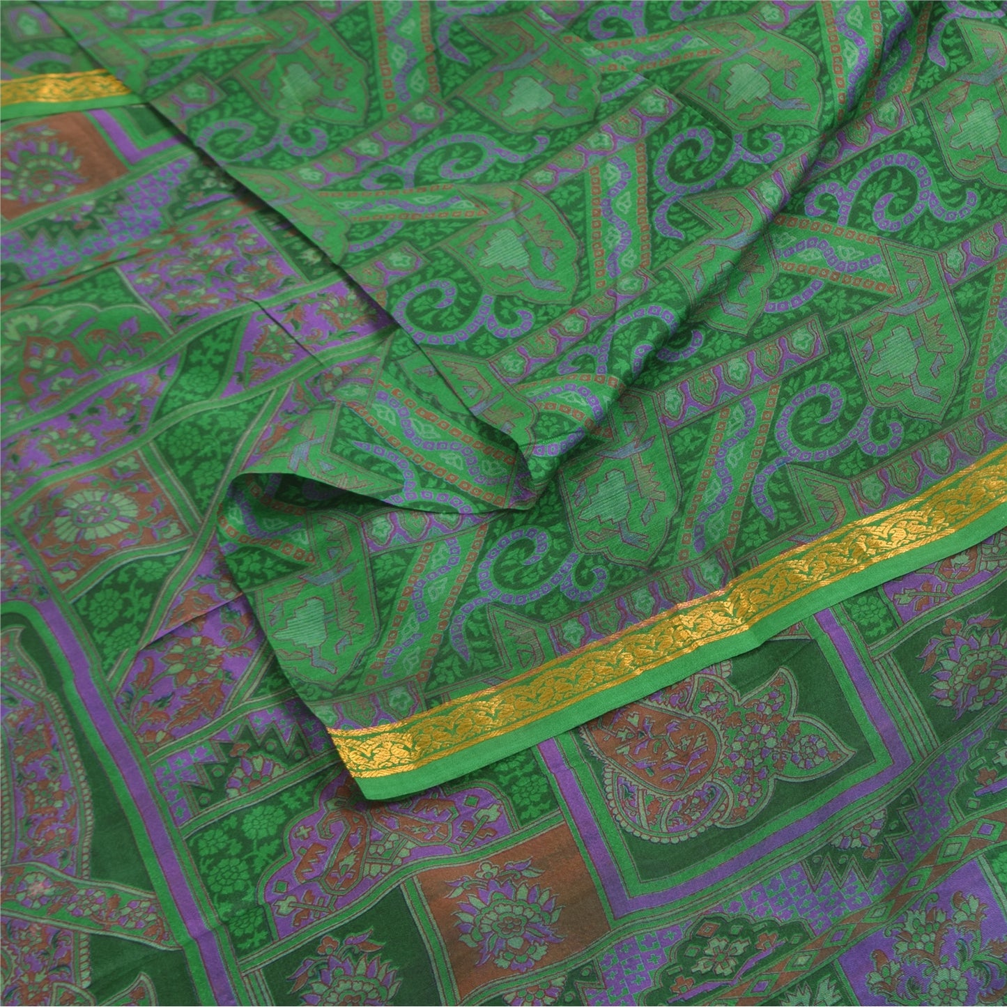 Sanskriti Vintage Sarees Green Zari Border Pure Silk Printed Sari 6+yd Fabric