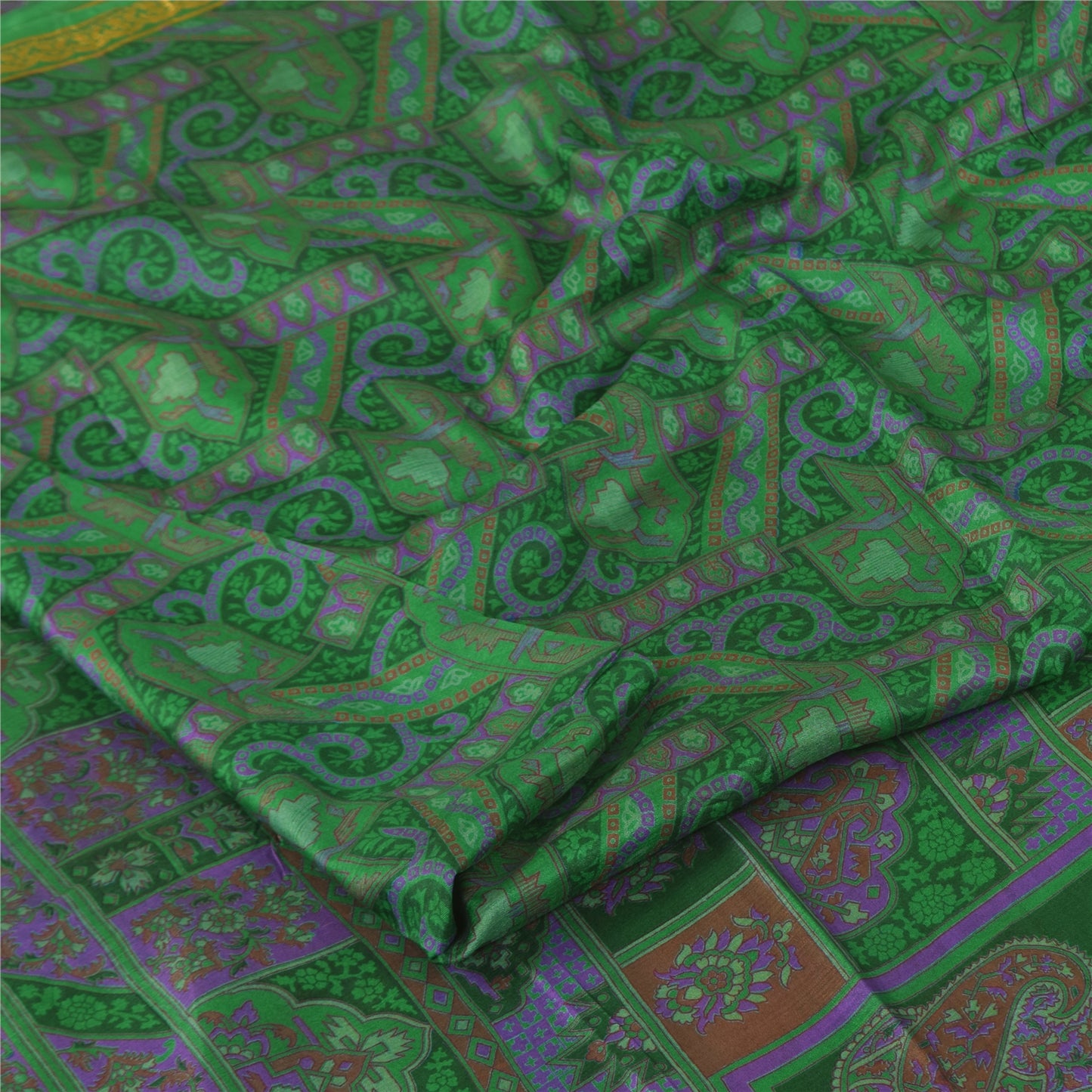 Sanskriti Vintage Sarees Green Zari Border Pure Silk Printed Sari 6+yd Fabric