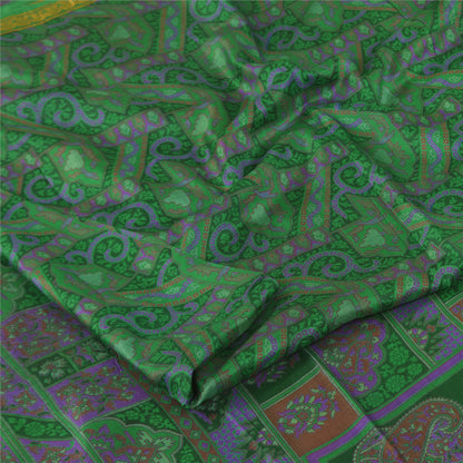 Sanskriti Vintage Sarees Green Zari Border Pure Silk Printed Sari 6+yd Fabric