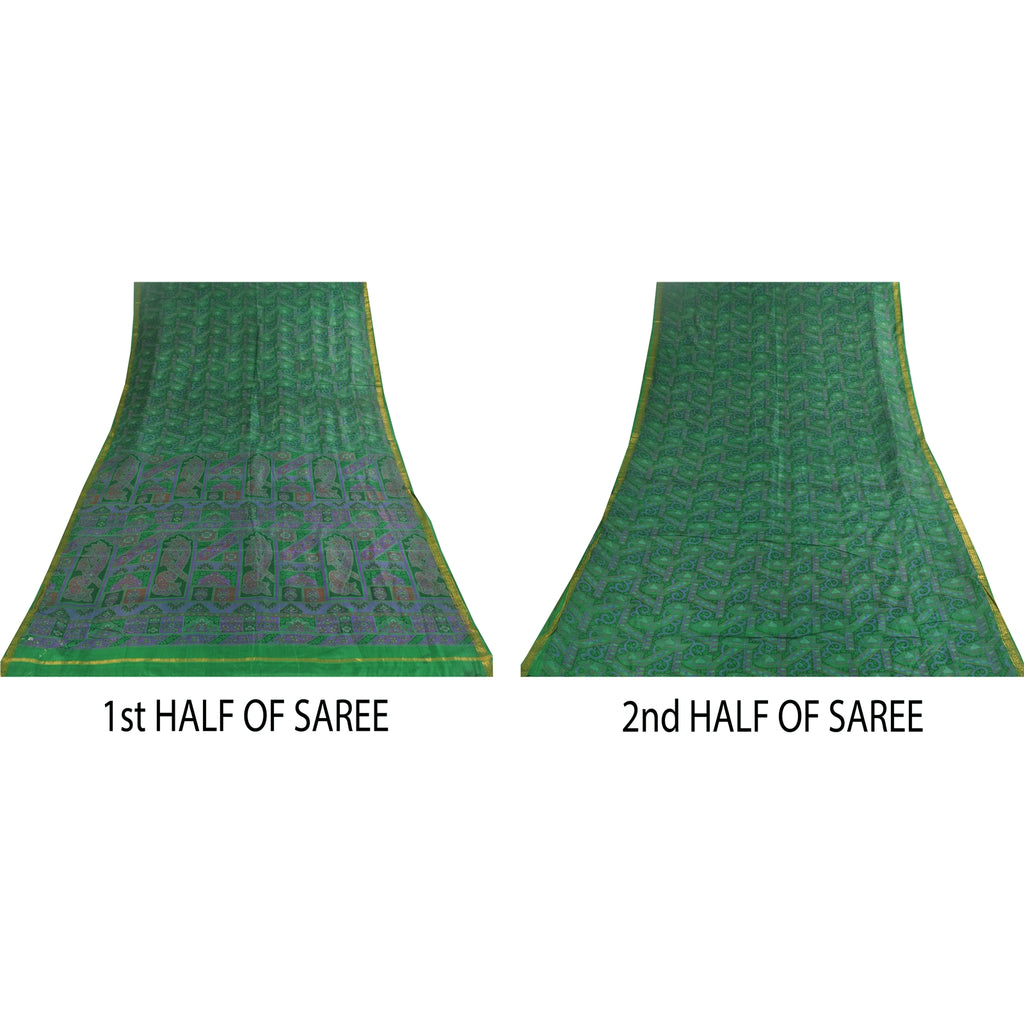 Sanskriti Vintage Sarees Green Zari Border Pure Silk Printed Sari 6+yd Fabric