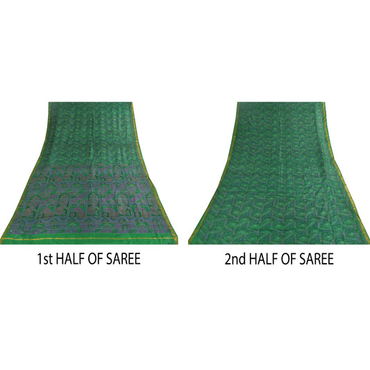 Sanskriti Vintage Sarees Green Zari Border Pure Silk Printed Sari 6+yd Fabric
