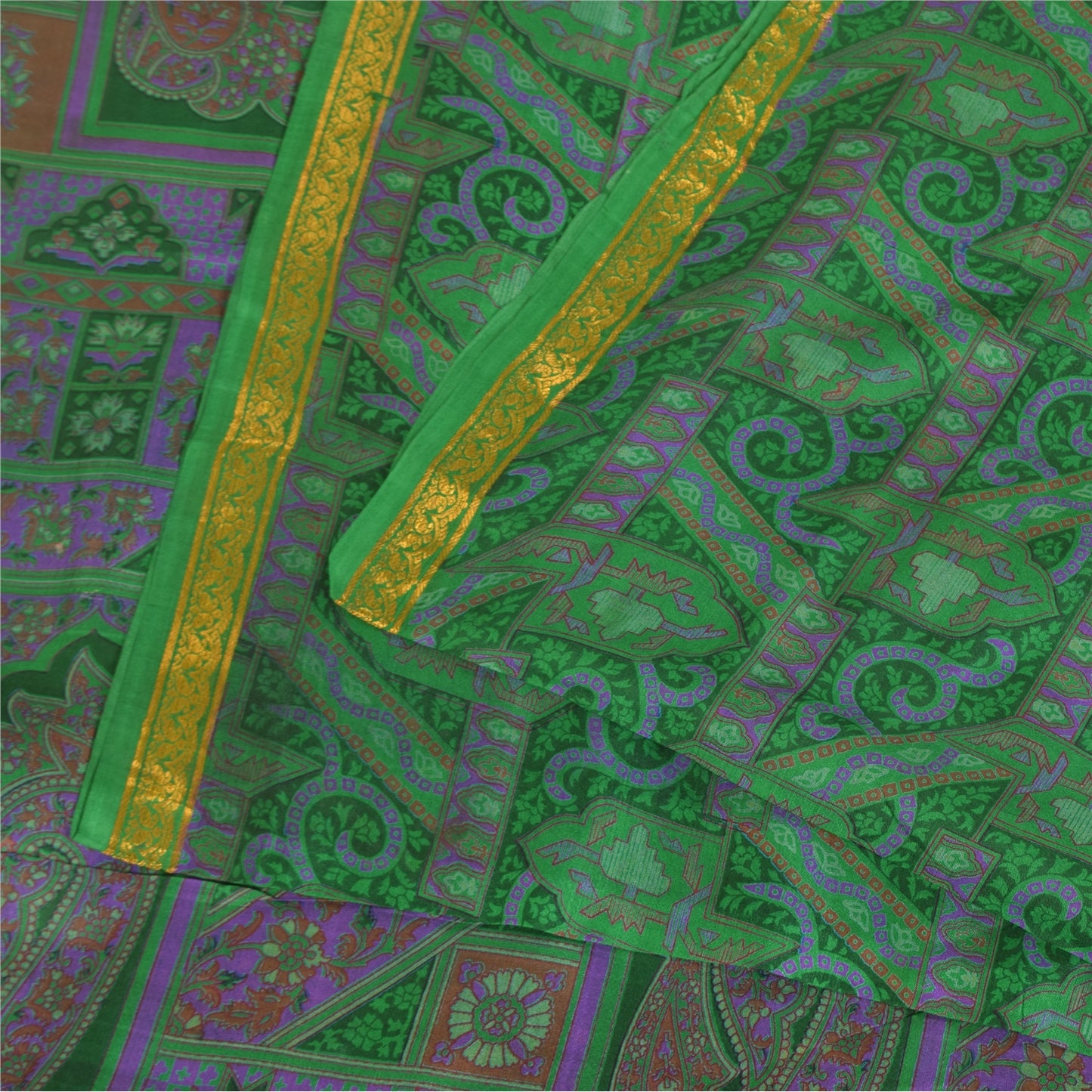 Sanskriti Vintage Sarees Green Zari Border Pure Silk Printed Sari 6+yd Fabric