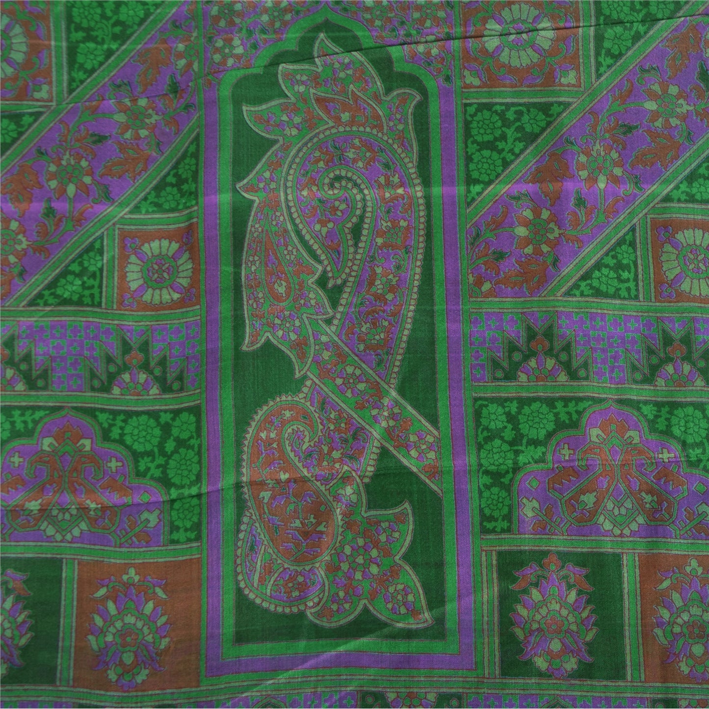 Sanskriti Vintage Sarees Green Zari Border Pure Silk Printed Sari 6+yd Fabric