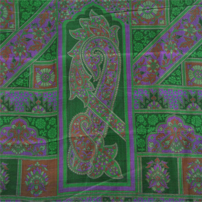 Sanskriti Vintage Sarees Green Zari Border Pure Silk Printed Sari 6+yd Fabric