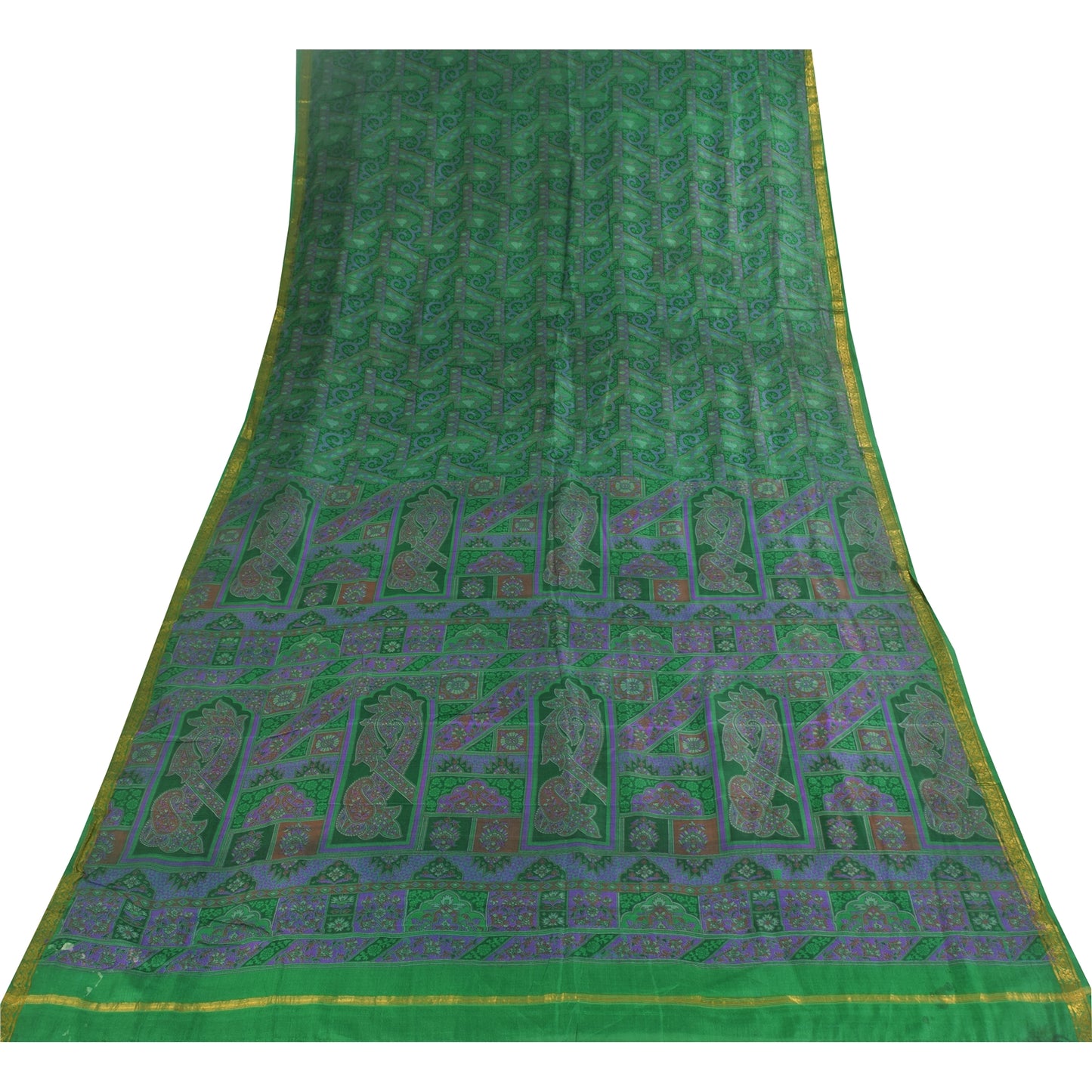 Sanskriti Vintage Sarees Green Zari Border Pure Silk Printed Sari 6+yd Fabric