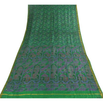 Sanskriti Vintage Sarees Green Zari Border Pure Silk Printed Sari 6+yd Fabric