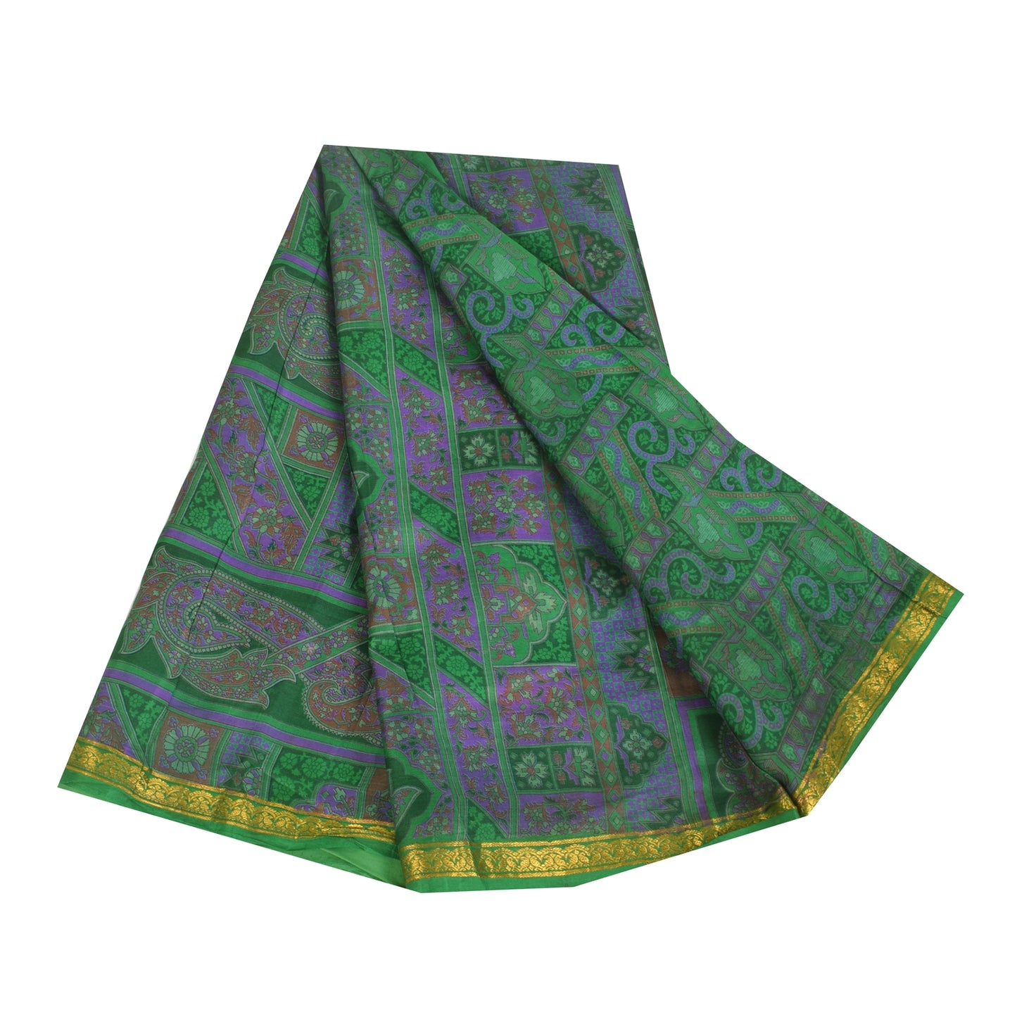 Sanskriti Vintage Sarees Green Zari Border Pure Silk Printed Sari 6+yd Fabric