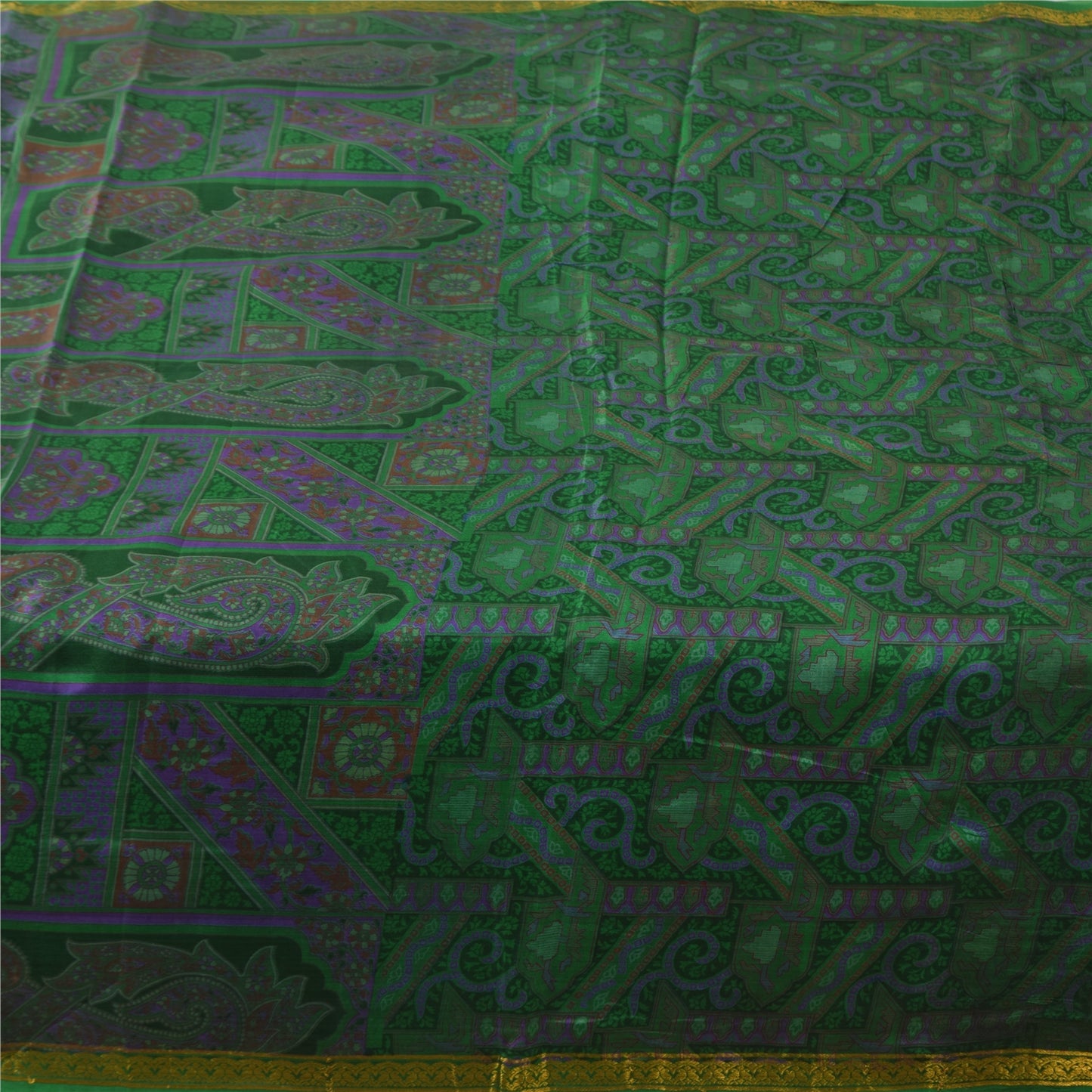 Sanskriti Vintage Sarees Green Zari Border Pure Silk Printed Sari 6+yd Fabric