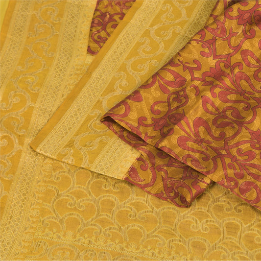 Sanskriti Vintage Sarees Mustard Green//Red Pure Silk Print Woven Sari Sustainable Fabric