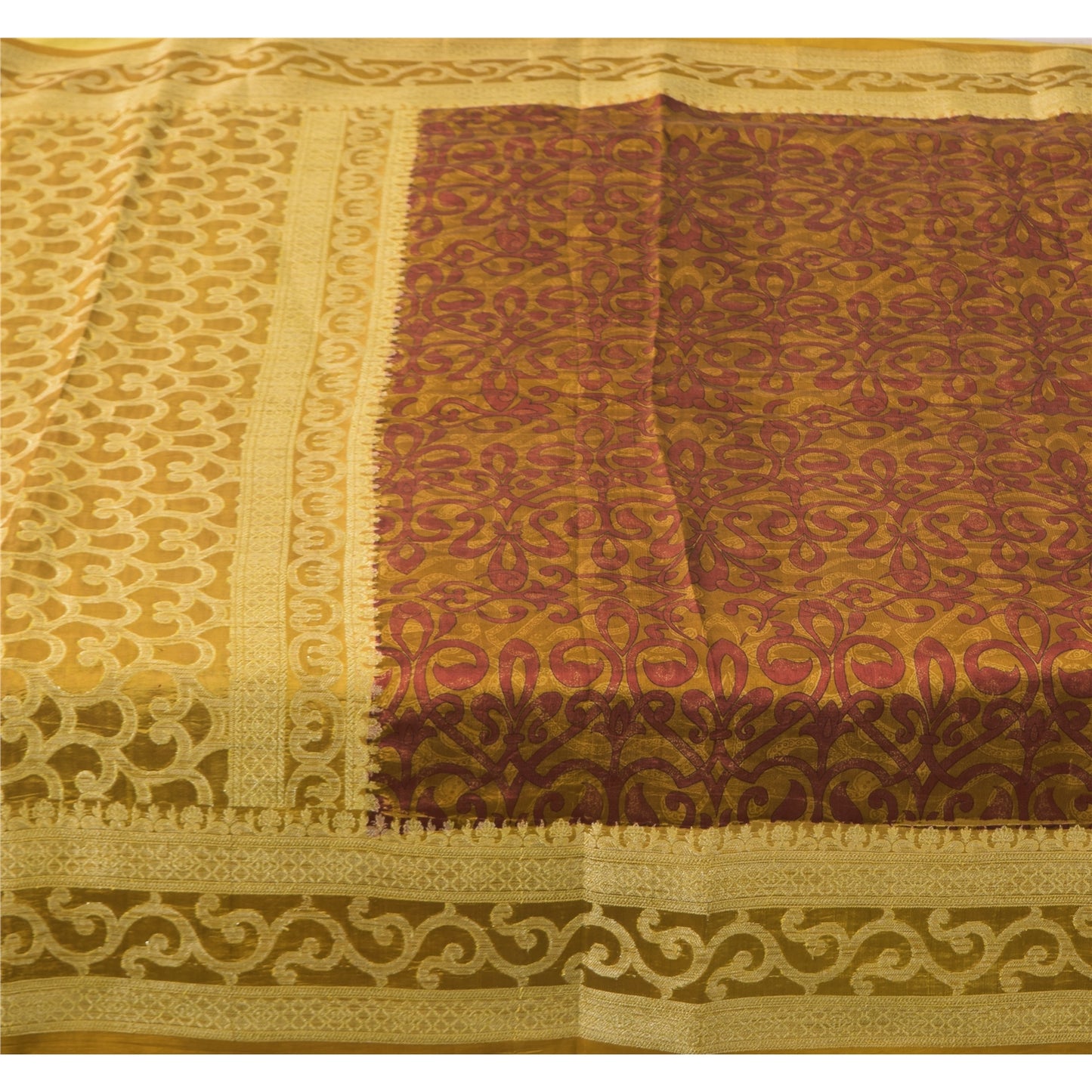 Sanskriti Vintage Sarees Mustard Green//Red Pure Silk Print Woven Sari Sustainable Fabric