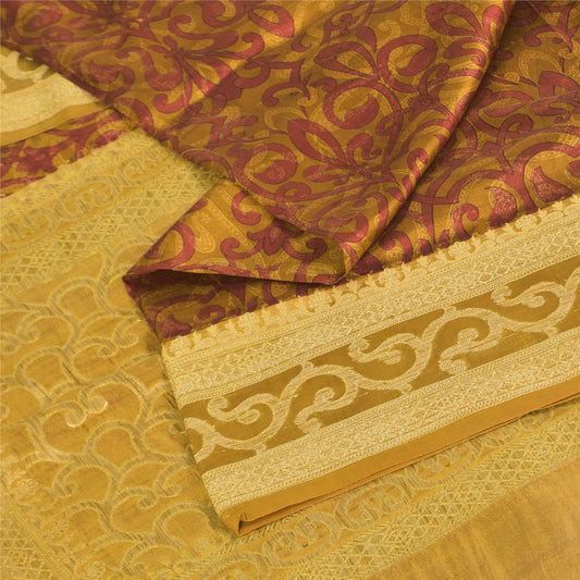 Sanskriti Vintage Sarees Mustard Green//Red Pure Silk Print Woven Sari Sustainable Fabric