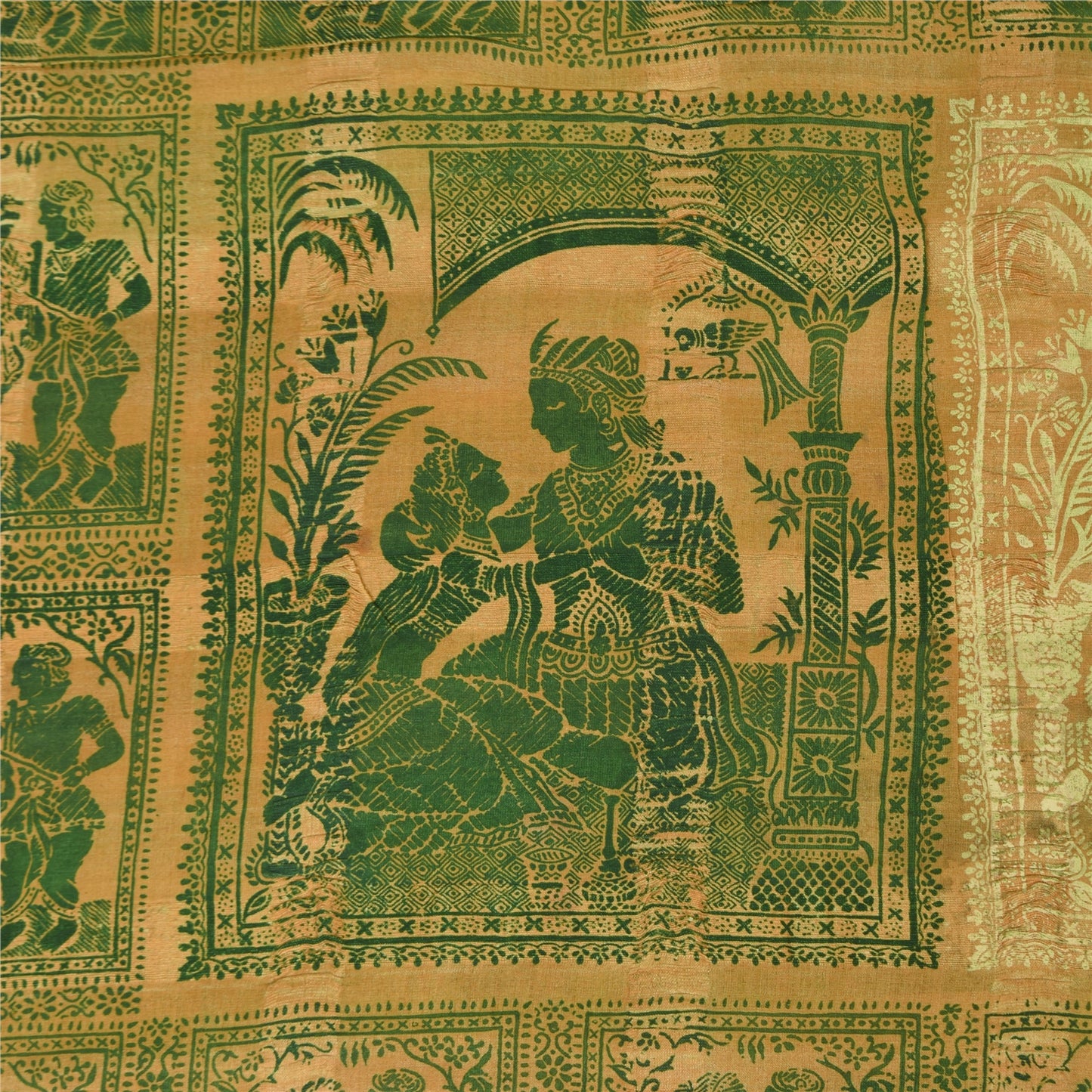 Sanskriti Vintage Sarees Green 100%Pure Silk Printed Woven Epic Sari 5+yd Sustainable Fabric