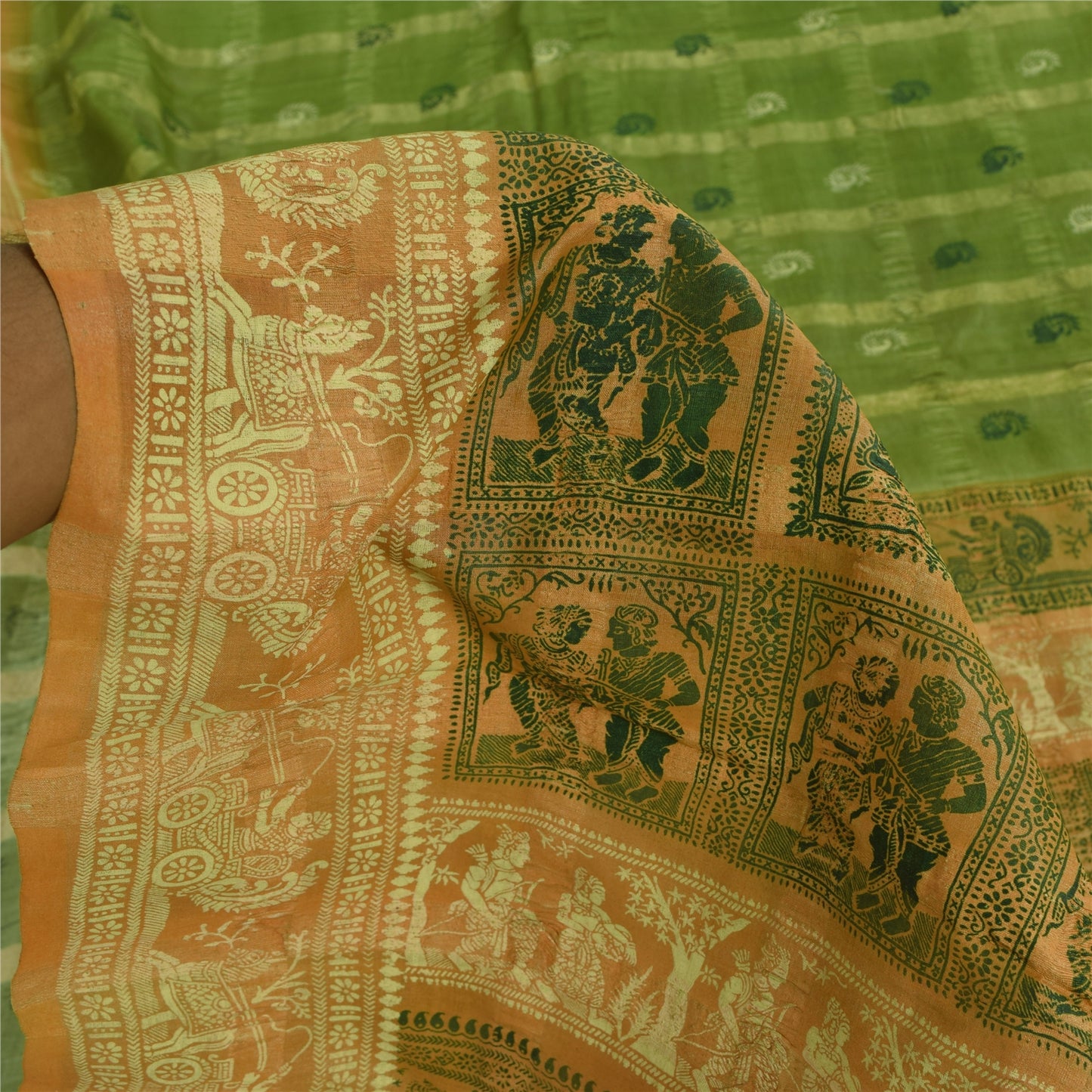 Sanskriti Vintage Sarees Green 100%Pure Silk Printed Woven Epic Sari 5+yd Sustainable Fabric