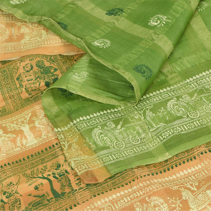 Sanskriti Vintage Sarees Green 100%Pure Silk Printed Woven Epic Sari 5+yd Sustainable Fabric