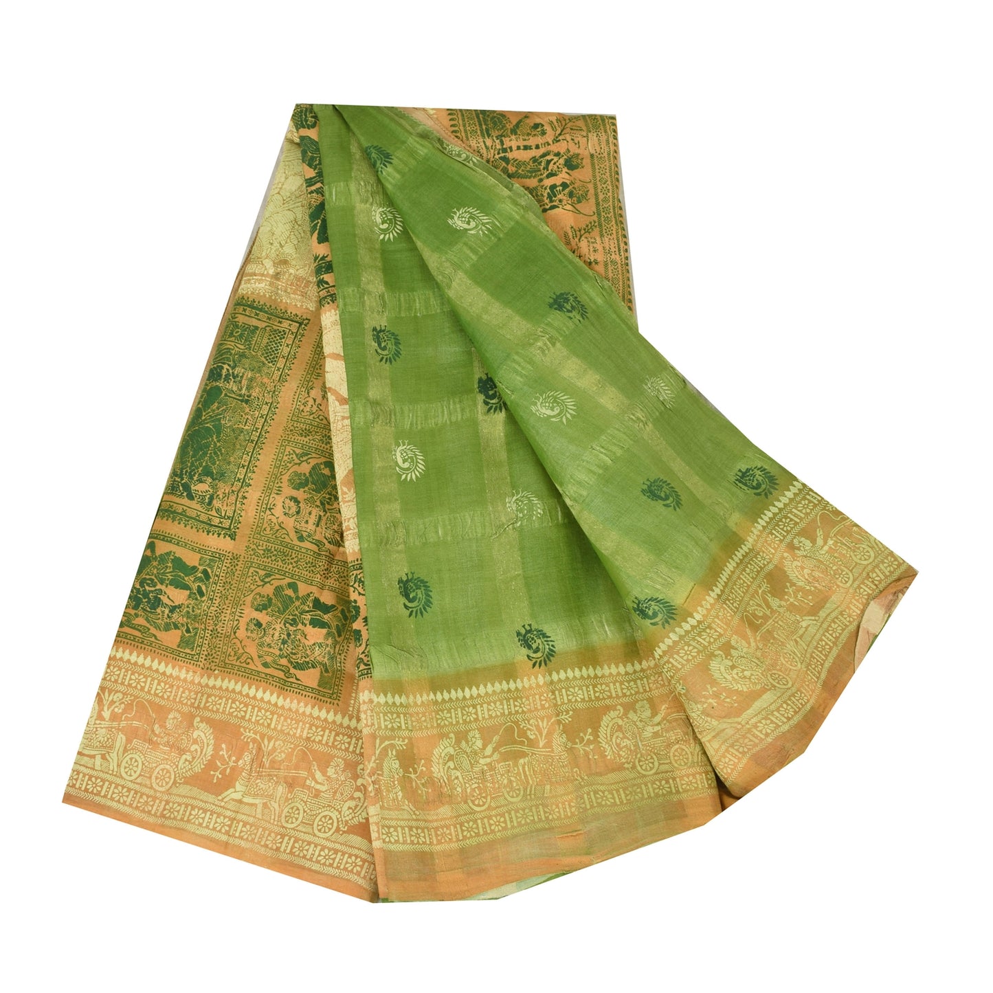 Sanskriti Vintage Sarees Green 100%Pure Silk Printed Woven Epic Sari 5+yd Sustainable Fabric