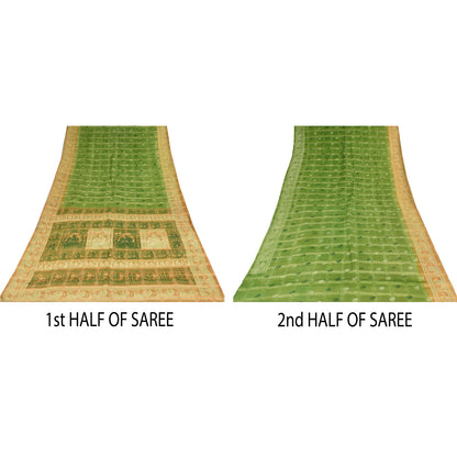 Sanskriti Vintage Sarees Green 100%Pure Silk Printed Woven Epic Sari 5+yd Sustainable Fabric