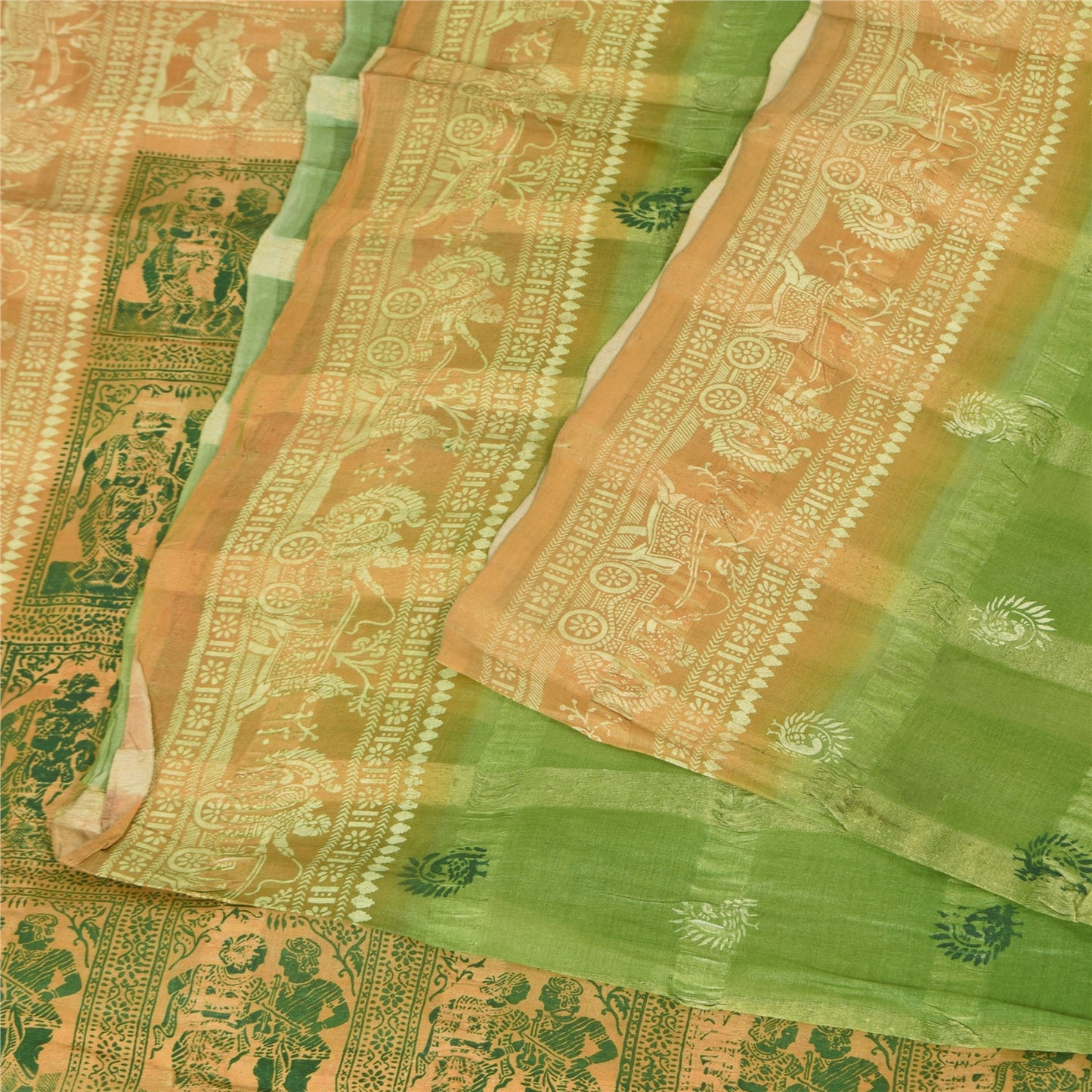 Sanskriti Vintage Sarees Green 100%Pure Silk Printed Woven Epic Sari 5+yd Sustainable Fabric