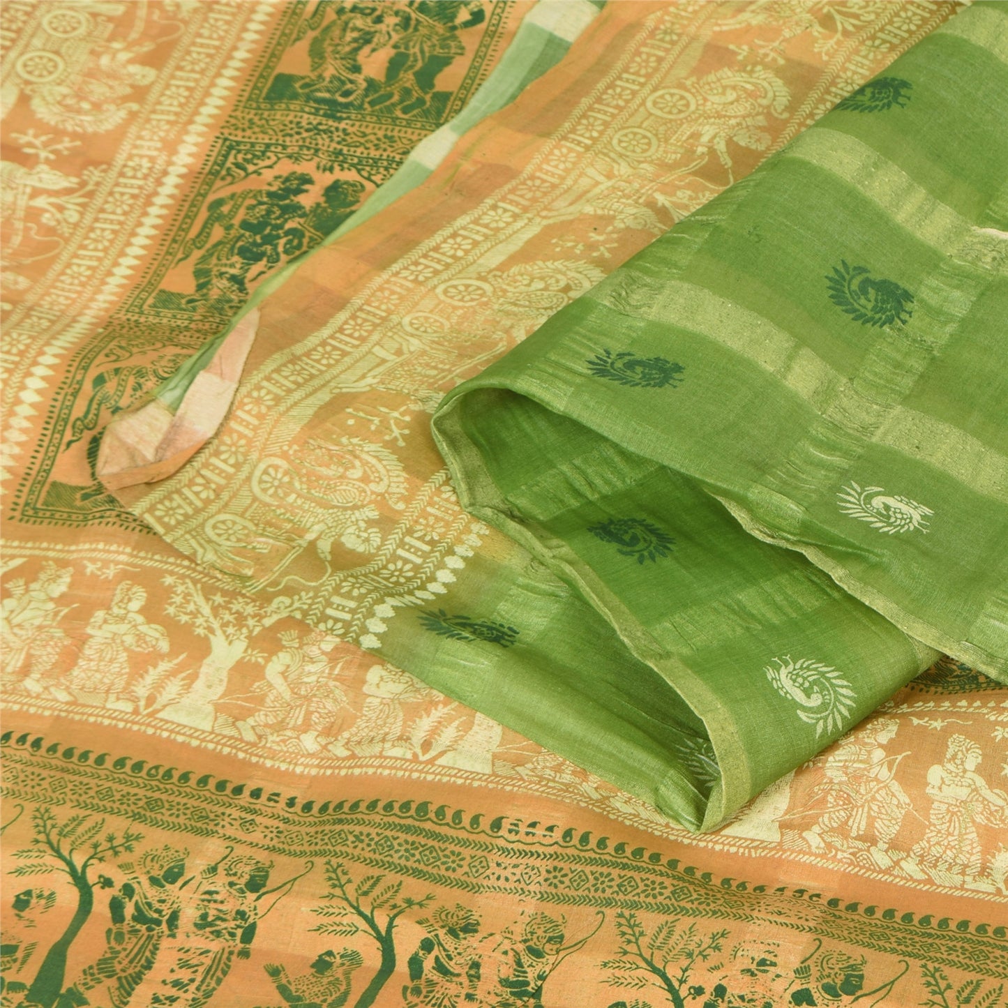 Sanskriti Vintage Sarees Green 100%Pure Silk Printed Woven Epic Sari 5+yd Sustainable Fabric