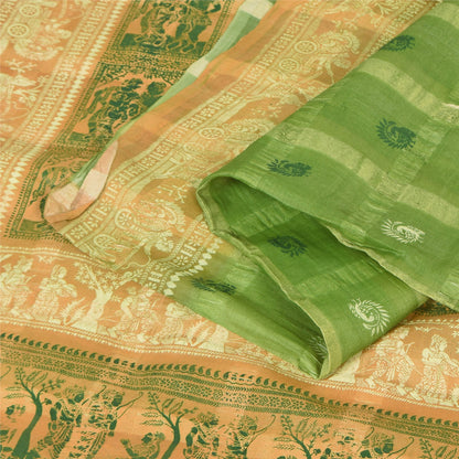 Sanskriti Vintage Sarees Green 100%Pure Silk Printed Woven Epic Sari 5+yd Sustainable Fabric