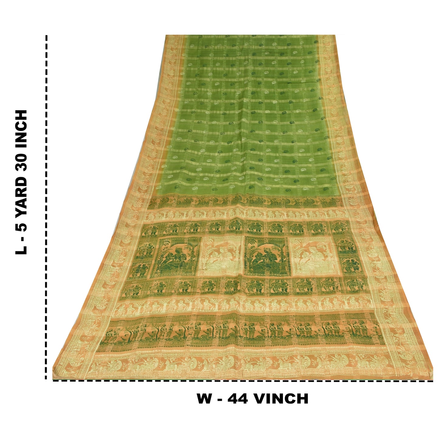 Sanskriti Vintage Sarees Green 100%Pure Silk Printed Woven Epic Sari 5+yd Sustainable Fabric