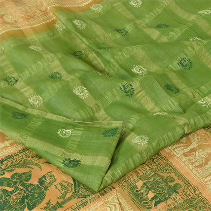 Sanskriti Vintage Sarees Green 100%Pure Silk Printed Woven Epic Sari 5+yd Sustainable Fabric