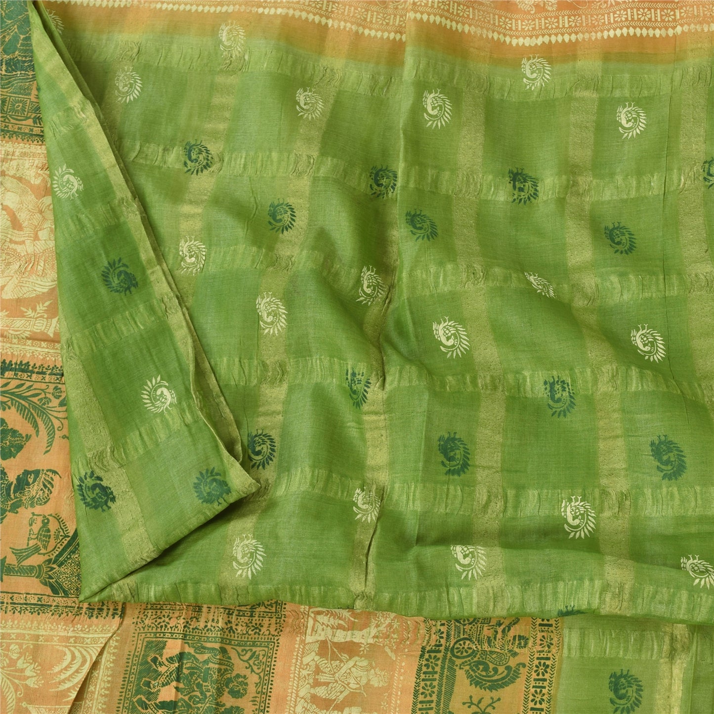 Sanskriti Vintage Sarees Green 100%Pure Silk Printed Woven Epic Sari 5+yd Sustainable Fabric