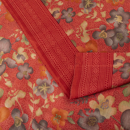 Sanskriti Vintage Pink Pure Silk Saree Floral Printed Sari 5+Yard Craft Fabric
