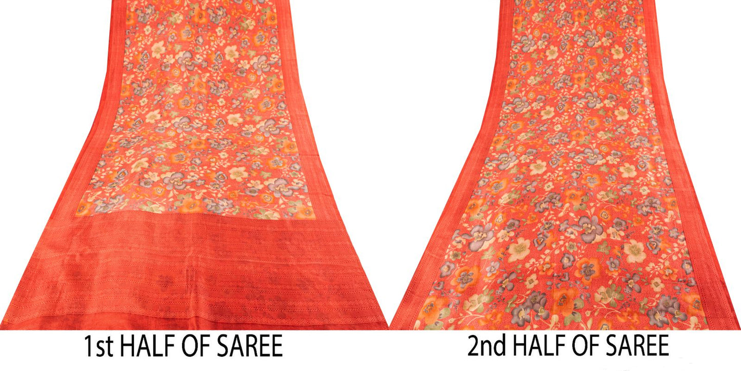 Sanskriti Vintage Pink Pure Silk Saree Floral Printed Sari 5+Yard Craft Fabric