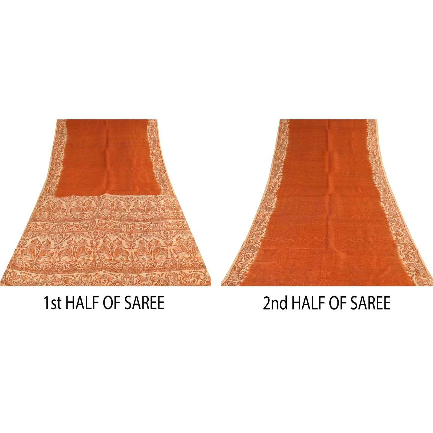 Sanskriti Vintage Sarier Orange Mennesketrykt Ren Silke Sari 5+ yard Håndværk Bæredygtigt Stoff